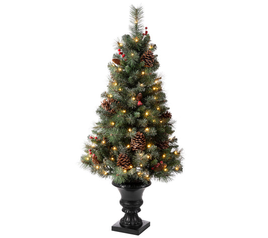 Glitzhome Flocked Base Tree w/ 100 Lights, Pinecones & Berries