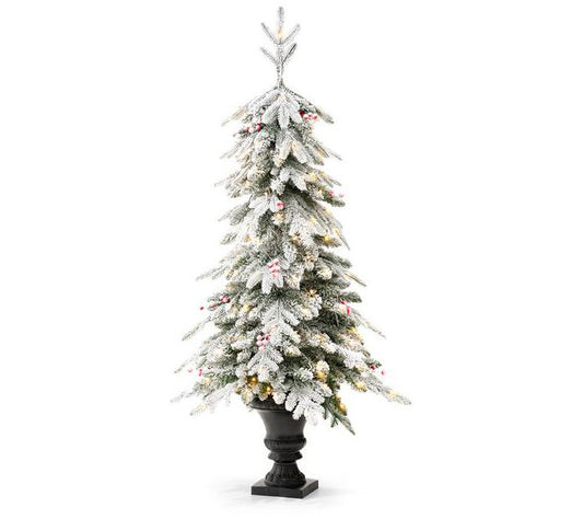 Glitzhome 5FT Pre-Lit Flocked Artificial Christmas Porch Tree