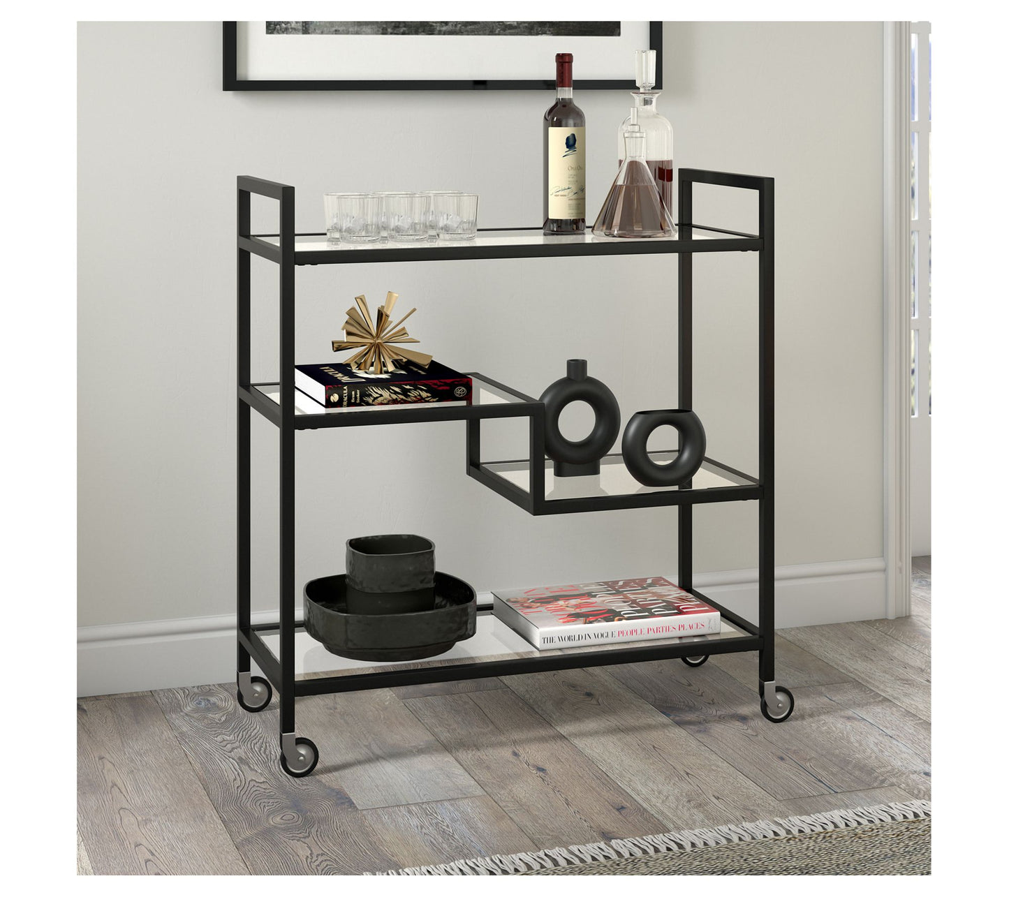 Hudson&Canal Lovett 33" Wide Black Bar Cart w Glass Shelves