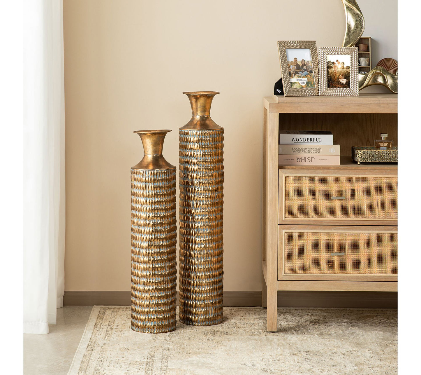 Glitzhome Metal Embossed Verdigris Floor VasesSet of 2