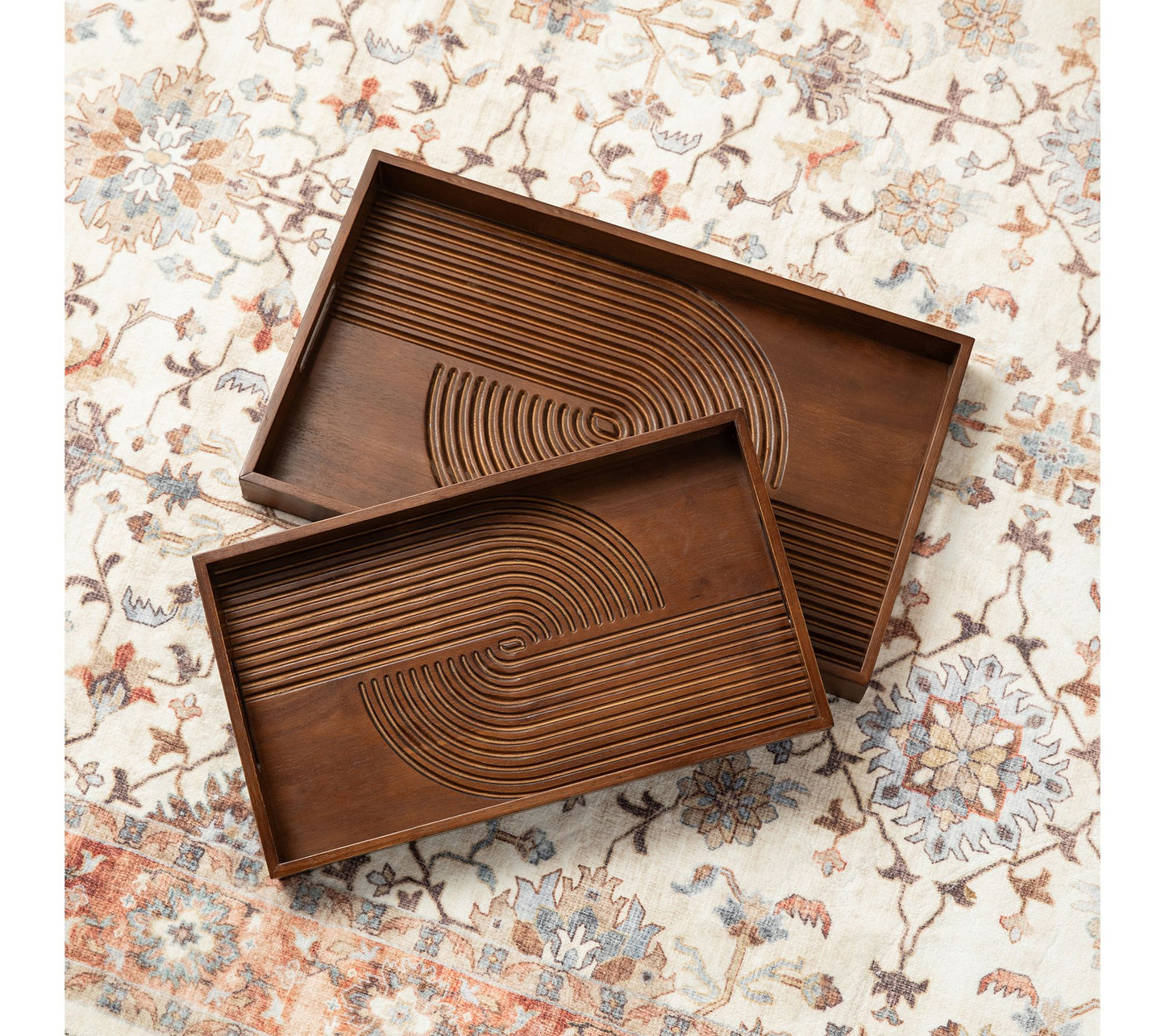 Glitzhome Rectangle Rubber Wood Abstract Decorative Tray 2-Set