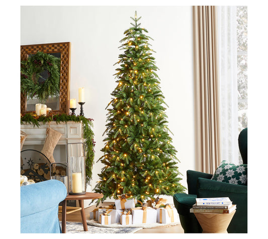 Glitzhome 7.5' LED Pre-Lit Green Fir Slim FauxChristmas Tree