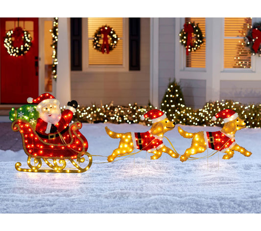 Glitzhome 90" Christmas Dog Santa Sleigh Lighted Outdoor Decor