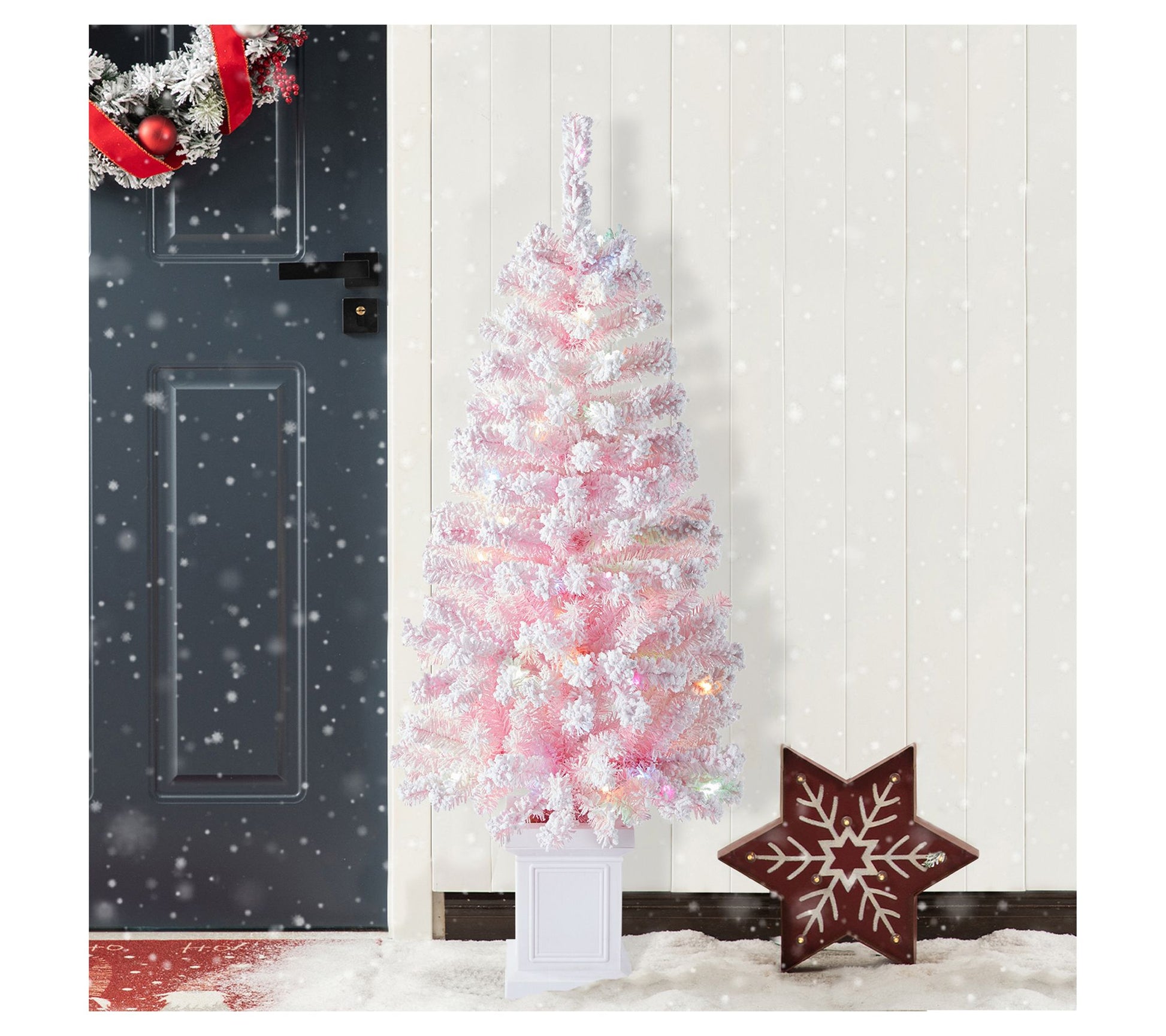 Glitzhome 4' Pre-Lit Flocked Pink Faux Christmas Porch Tree