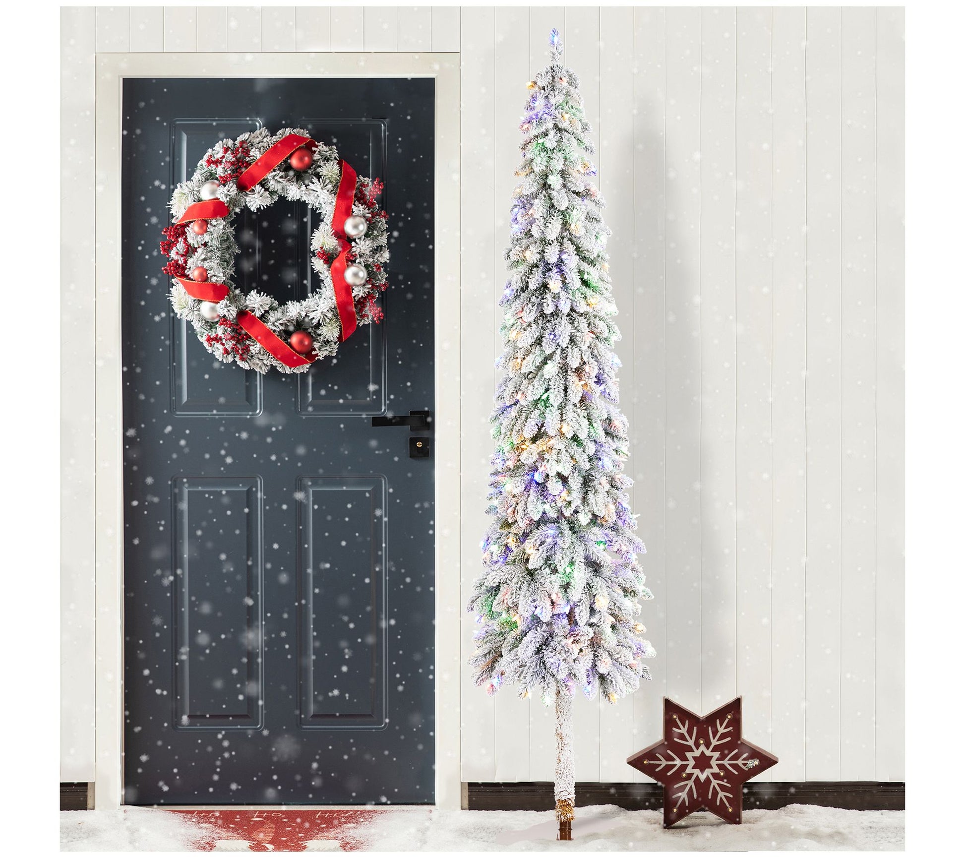 Glitzhome 7.5' LED Pre-Lit Flocked Artificial Christmas Tree