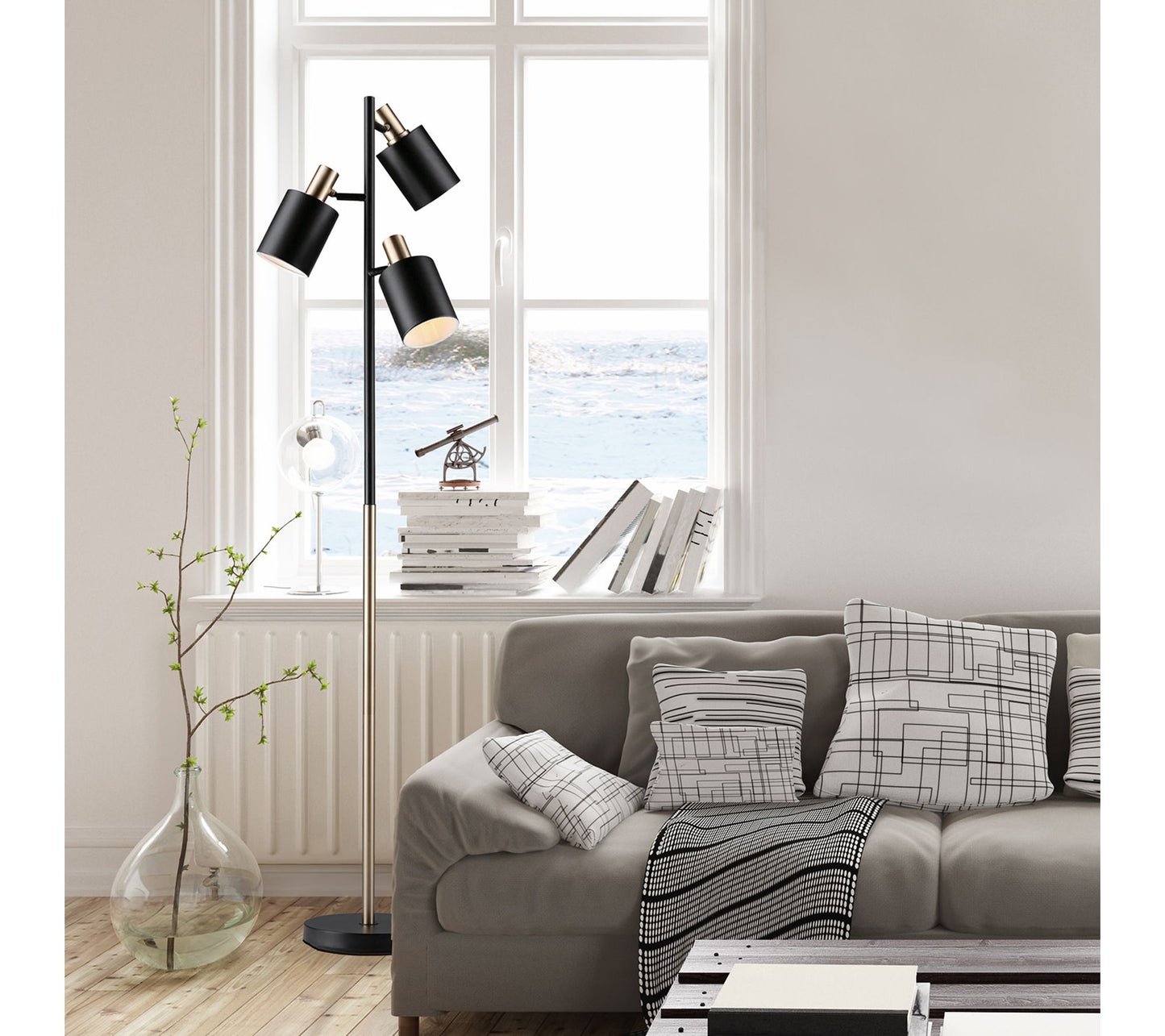 Globe Electric Fiona 67" 3-Light Matte Black &Brass Tree Lamp