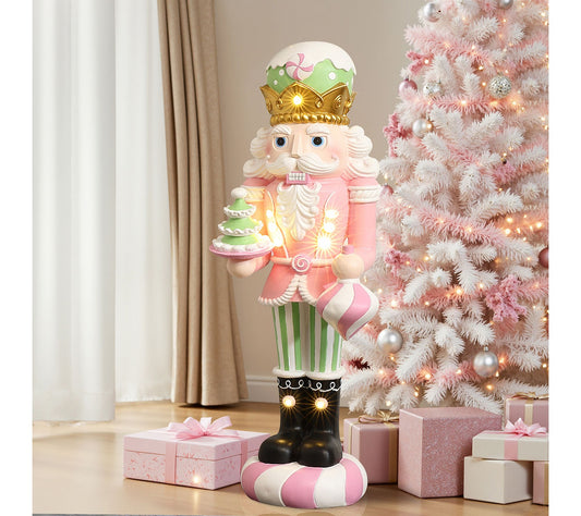 LuxenHome 4Ft Lighted Nutcracker Pink Soldier with Candy Tree