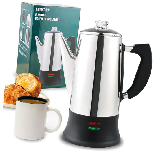hgudesign Electric Coffee Percolator, Stainless Steel 12-Cup Maker with Heat-Resistant Glass Knob for Clear Brew Monitoring, Classic Design with Keep Warm & Cordless Serving Feature