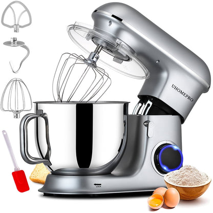 UHOMEPRO 7.5 QT Stand Mixer for Kitchen, 6+0+P-Speed Tilt-Head 660W Dough Mixer, Home Commercial Mixing Electric Kitchen Cake Mixer W/ Dough Hook, Beater, Egg Whisk, Spatula, Dishwasher Safe, Silver