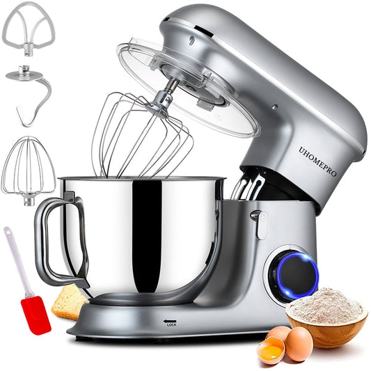 UHOMEPRO 7.5 QT Stand Mixer for Kitchen, 6+0+P-Speed Tilt-Head 660W Dough Mixer, Home Commercial Mixing Electric Kitchen Cake Mixer W/ Dough Hook, Beater, Egg Whisk, Spatula, Dishwasher Safe, Silver